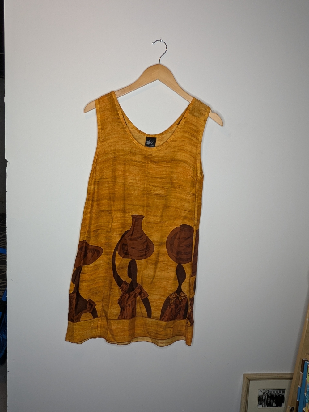 Vintage Sleeveless Tunic Dress with Tribal Pottery Motif S